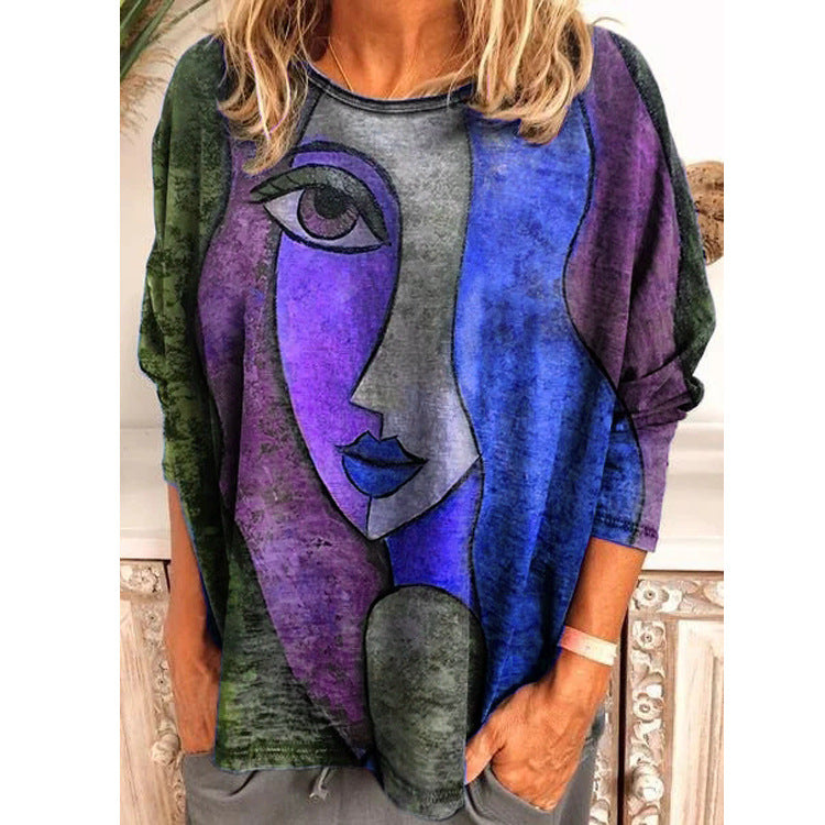 Women's Large Print Long Sleeve Loose T-shirt Blouses