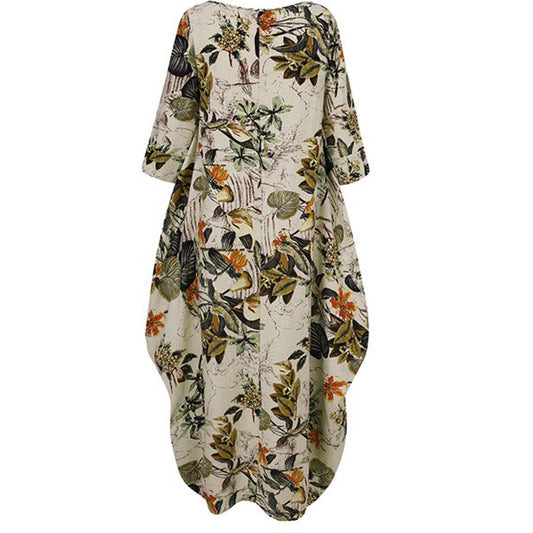 Women's Large Cotton Linen Printed Retro Pullover Dresses