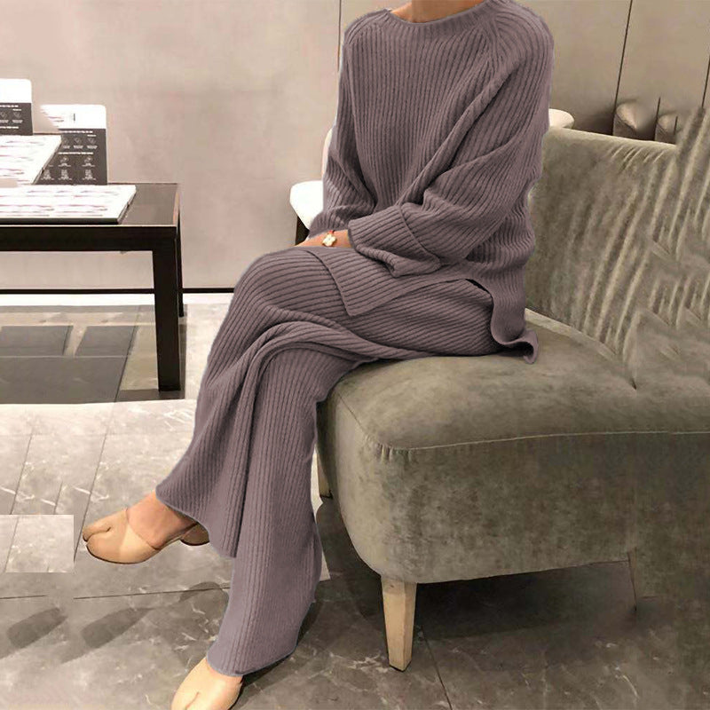 Women's Long Sleeve Solid Color Knit Casual Two-piece Suits