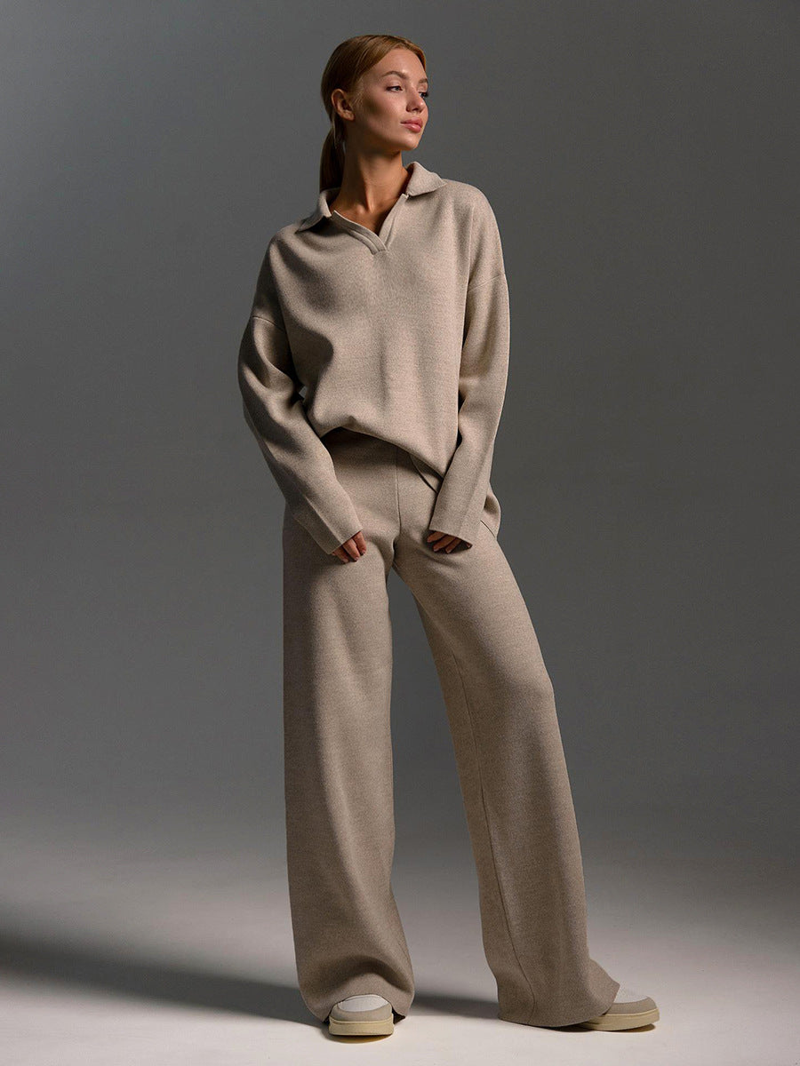 Knitting Collar Knitted Pullover Wide Leg Suits