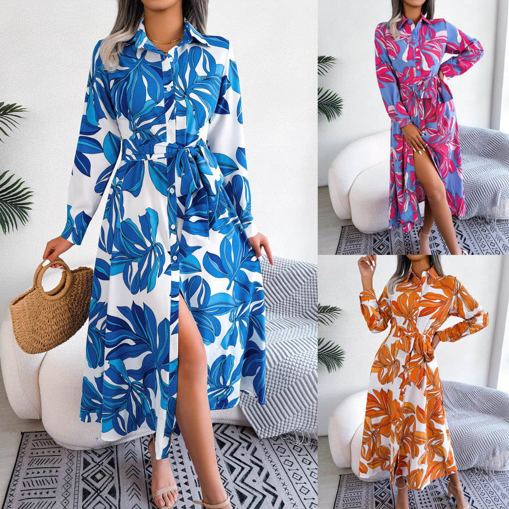 Women's Style Contrast Color Flower Lapel Tied Dresses