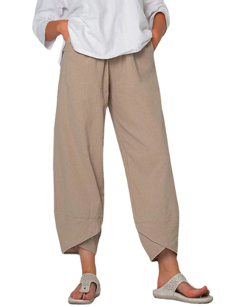 Pantalon décontracté ample en coton et lin à taille élastique pour femme