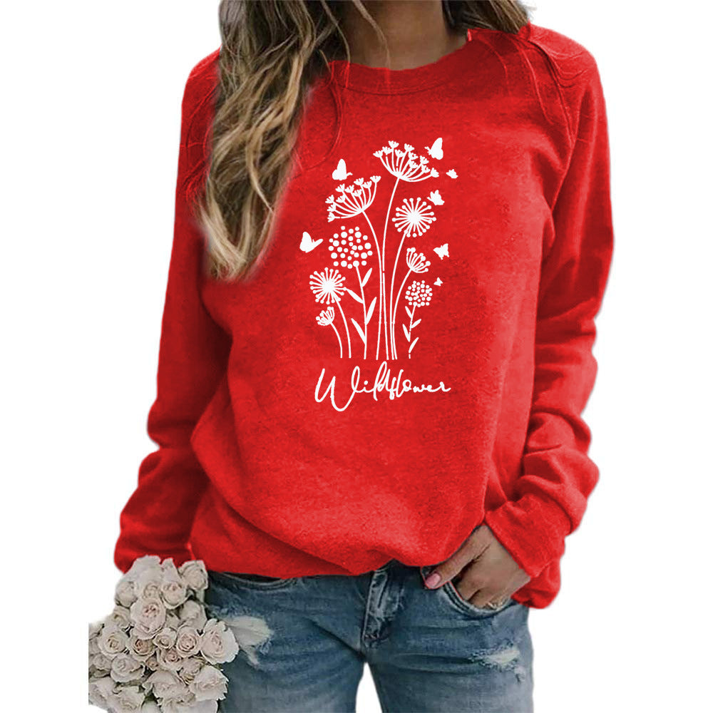 Women's Wild Grass Butterfly Printed Crew Neck Sweaters