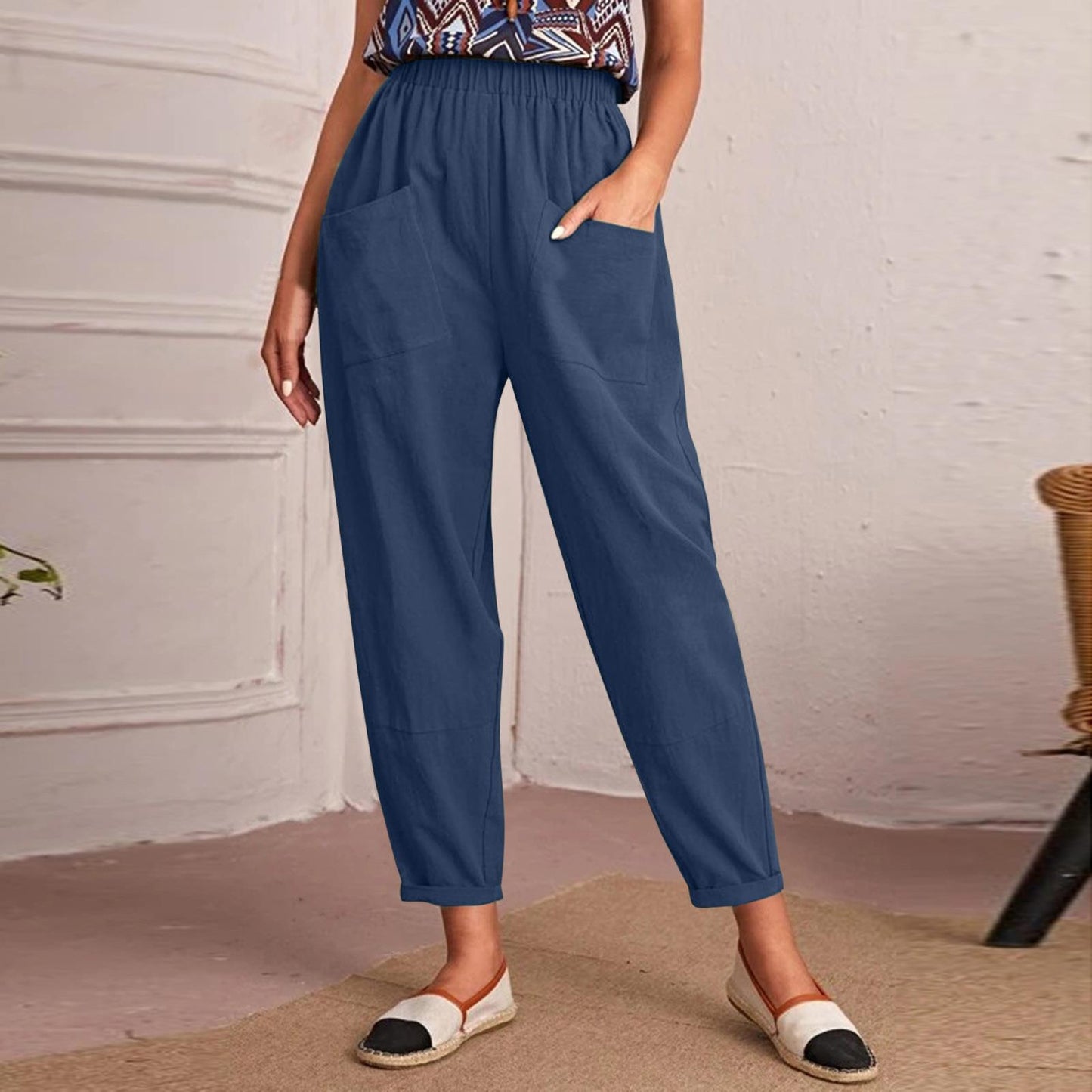 Pantalon en coton et lin à taille élastique pour femme avec poches diagonales