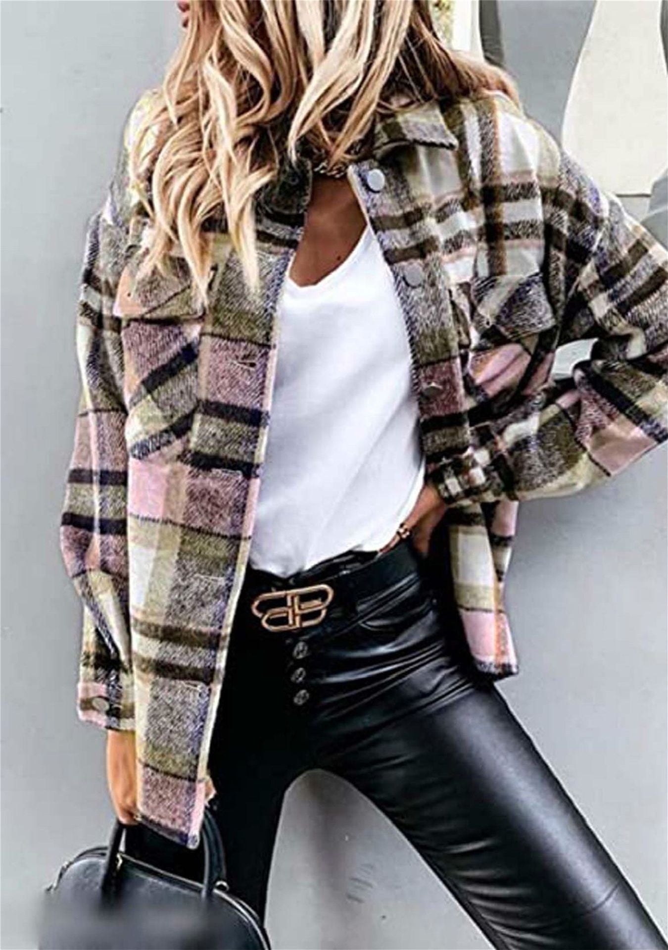 Women's Long Sleeve Large Pocket Loose Plaid Blouses