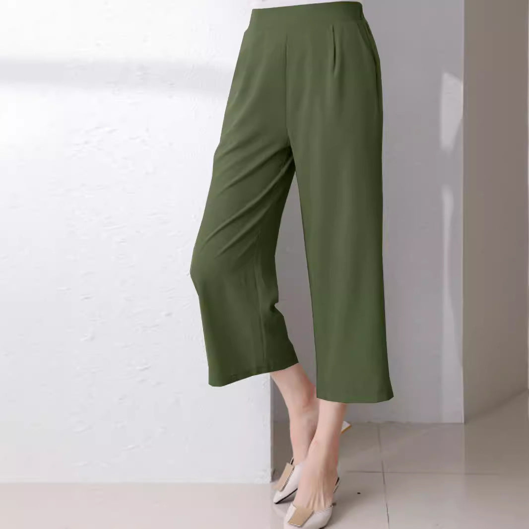 Pantalon fin taille haute élastique court pour femme