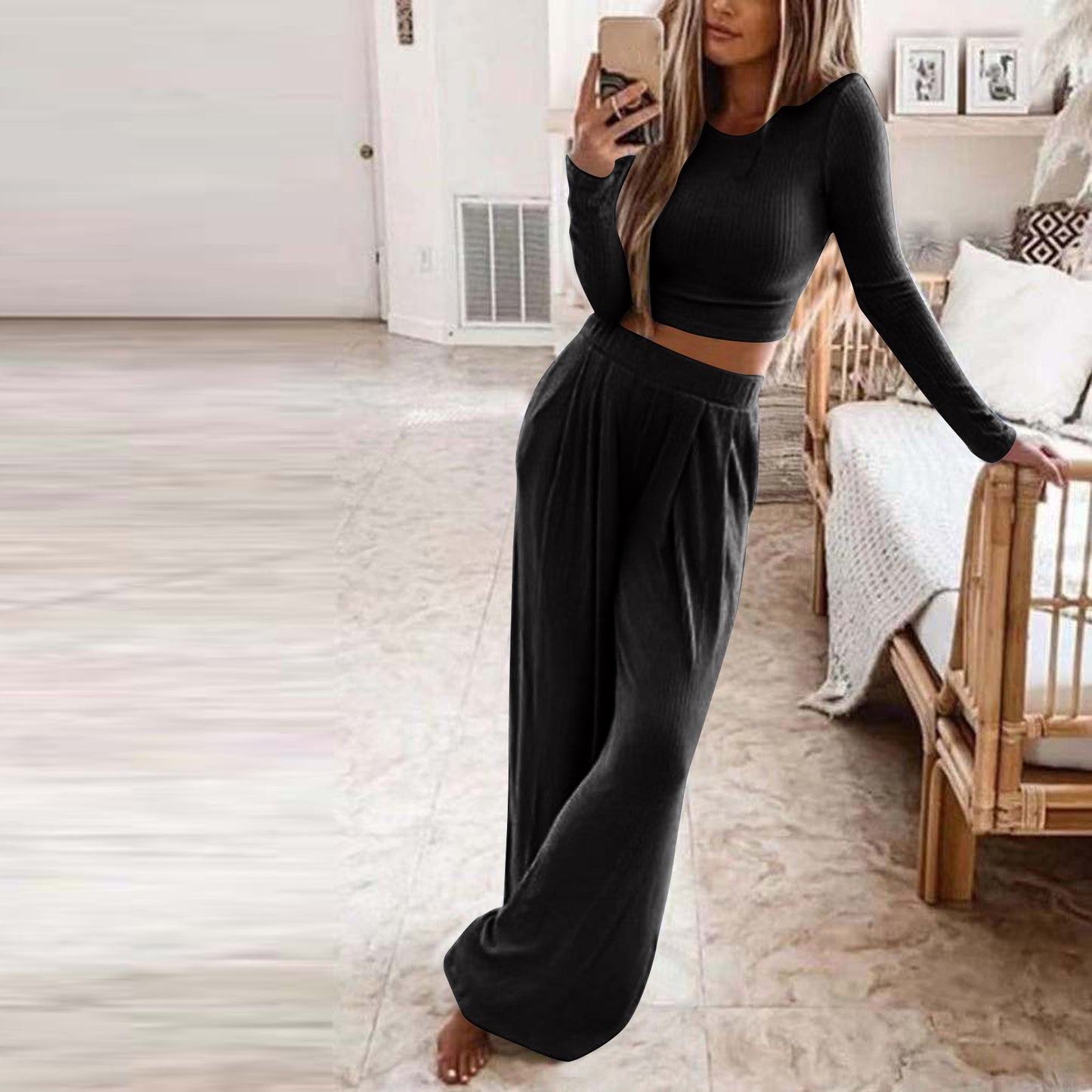 Women's Solid Color Knit Casual Home Two-piece Suits