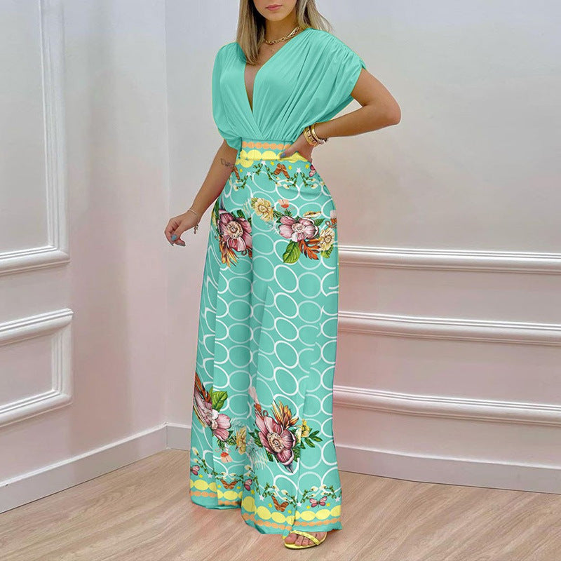 Women's Summer Elegant V-neck Printed Wide-leg Casual High Suits