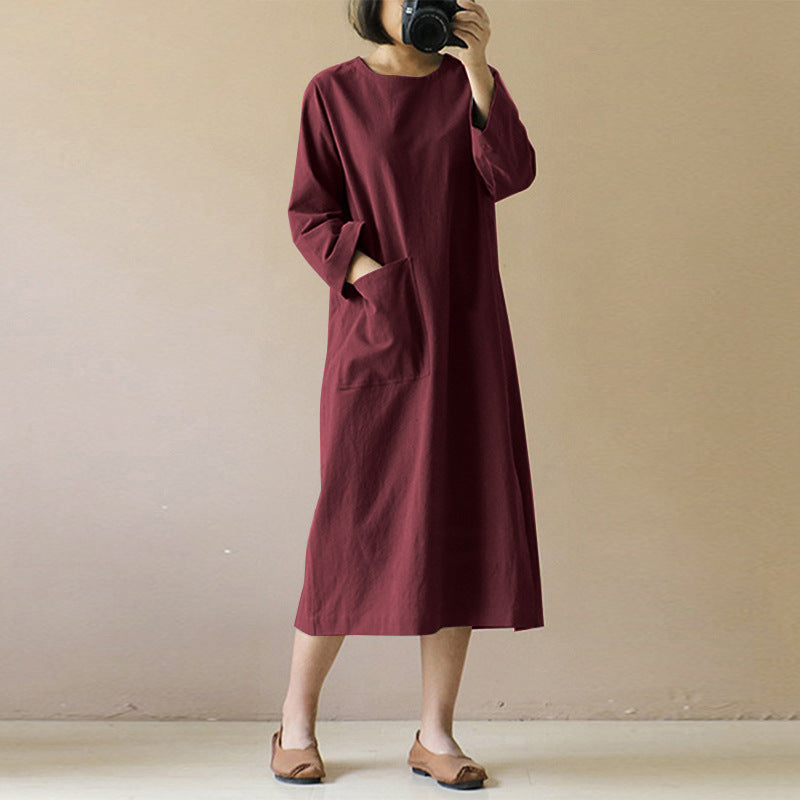 Women's Cotton Linen Solid Color Dress Artistic Retro Clothing