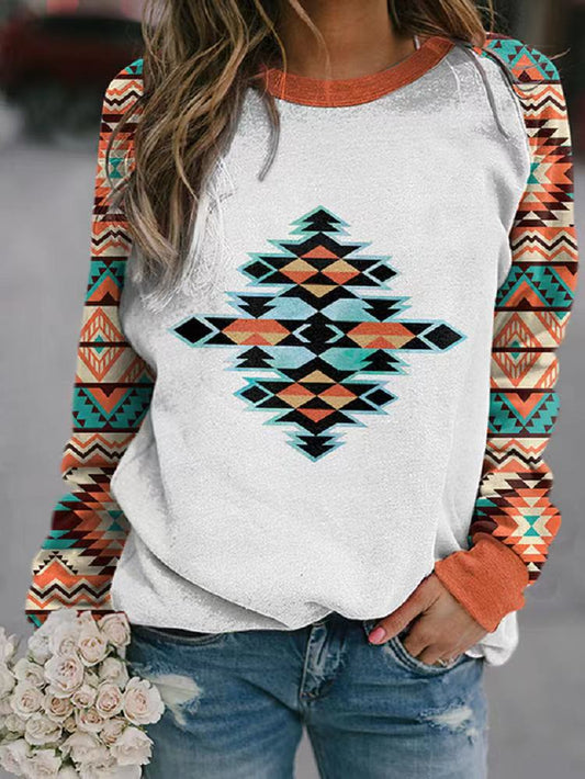 Women's Retro Printed Geometric Pattern Round Neck Long Sweaters