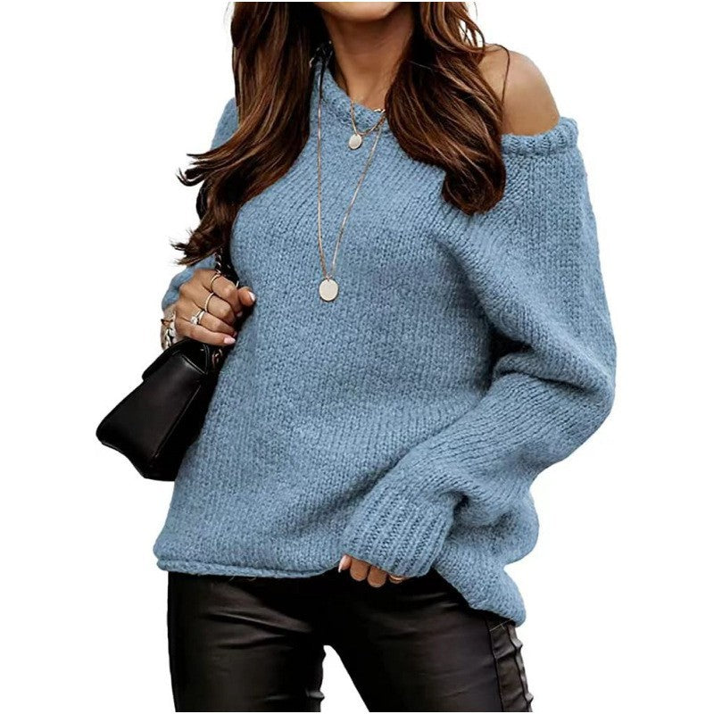 Women's Sexy Round Neck Pullover Solid Color Sweaters