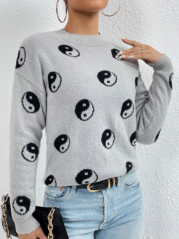 Women's Jacquard Round Neck Pullover Knitted Skull Sweaters