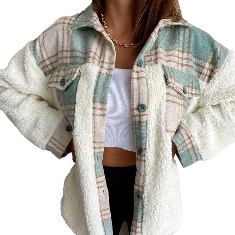 Women's Versatile Plush Shirt Single-breasted Plaid Sweaters