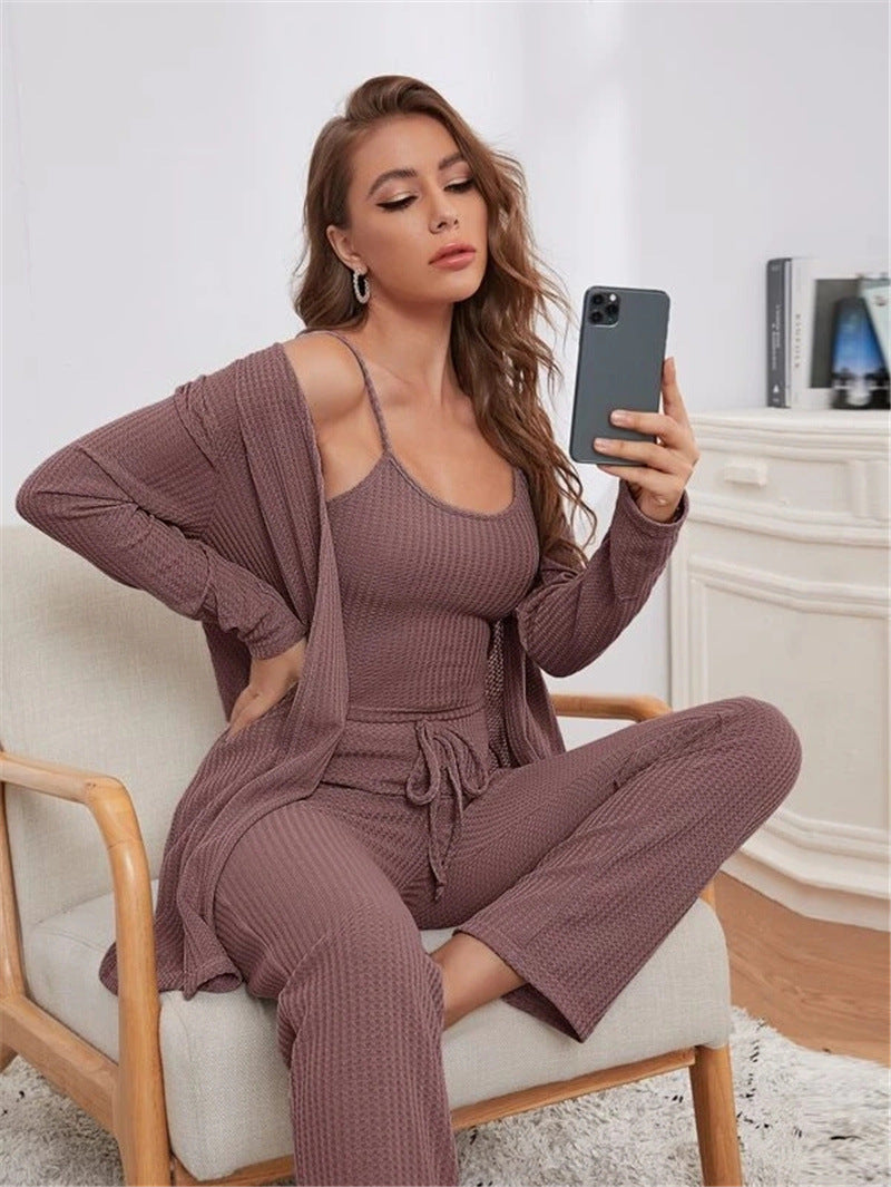 Women's Knitted Suspenders And Trousers Robe Pajamas Suits