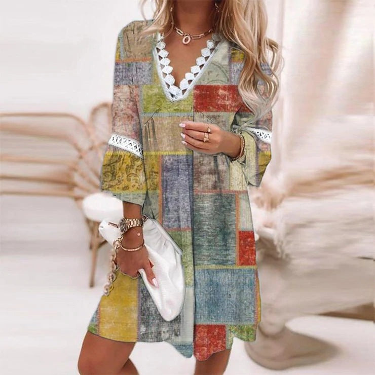 Spring V-neck Printed Lace Stitching Bohemian Casual Dresses