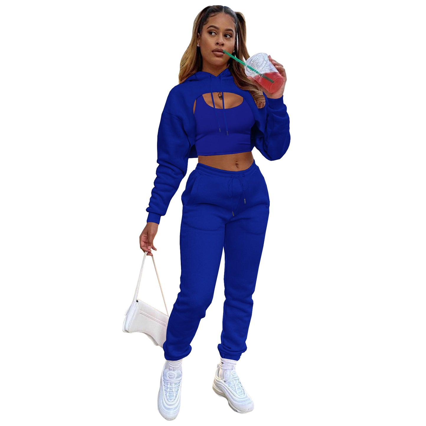 Women's Fashion Drawstring Hoodie Cotton Jogger Three-piece Suits