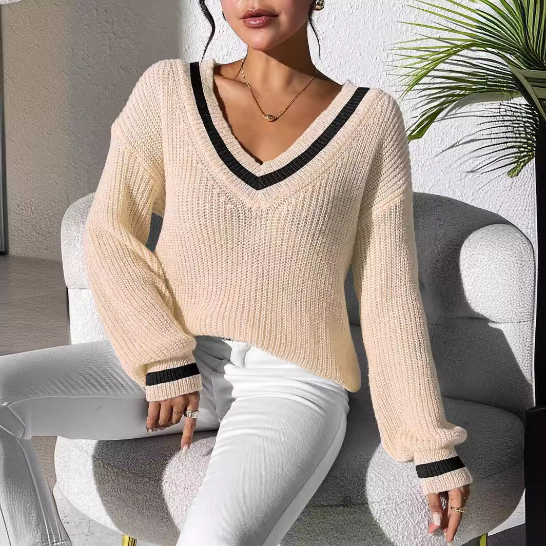 Women's Contrast Patchwork Long Sleeve Woven Casual Sweaters