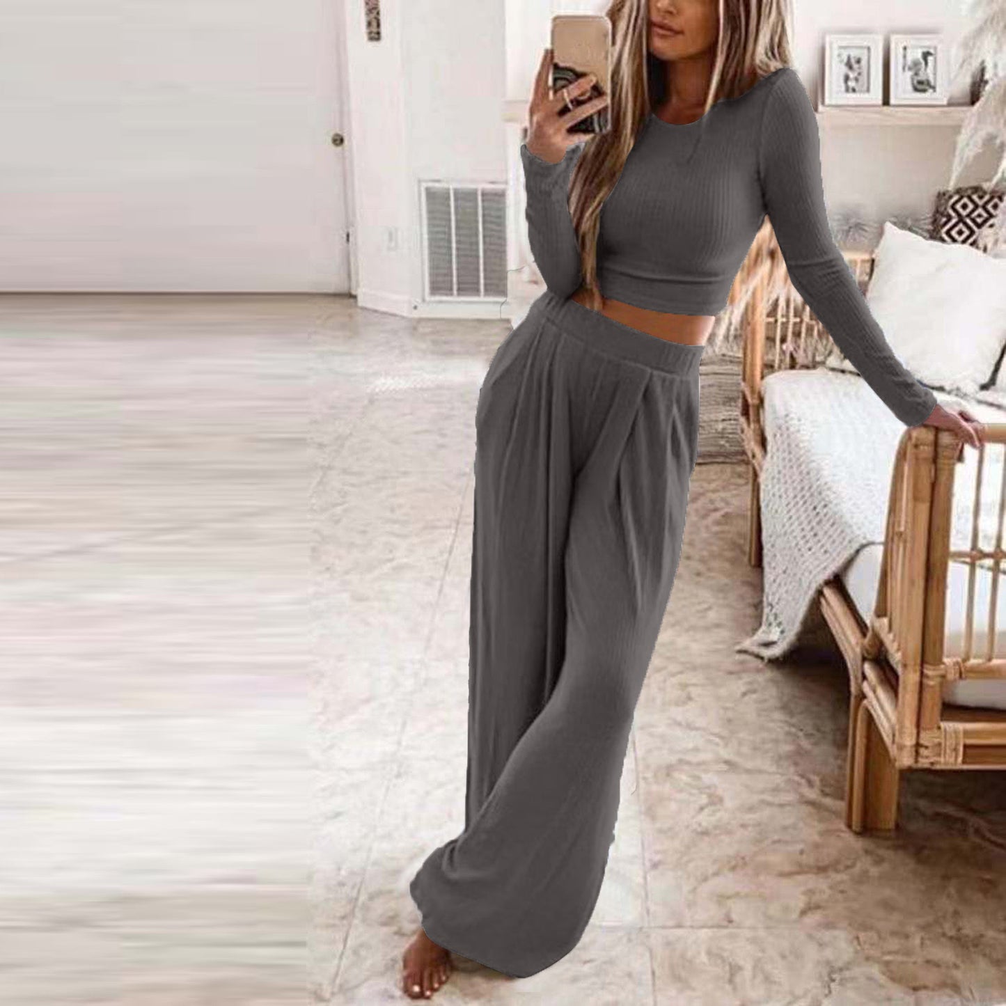 Women's Solid Color Knit Casual Home Two-piece Suits