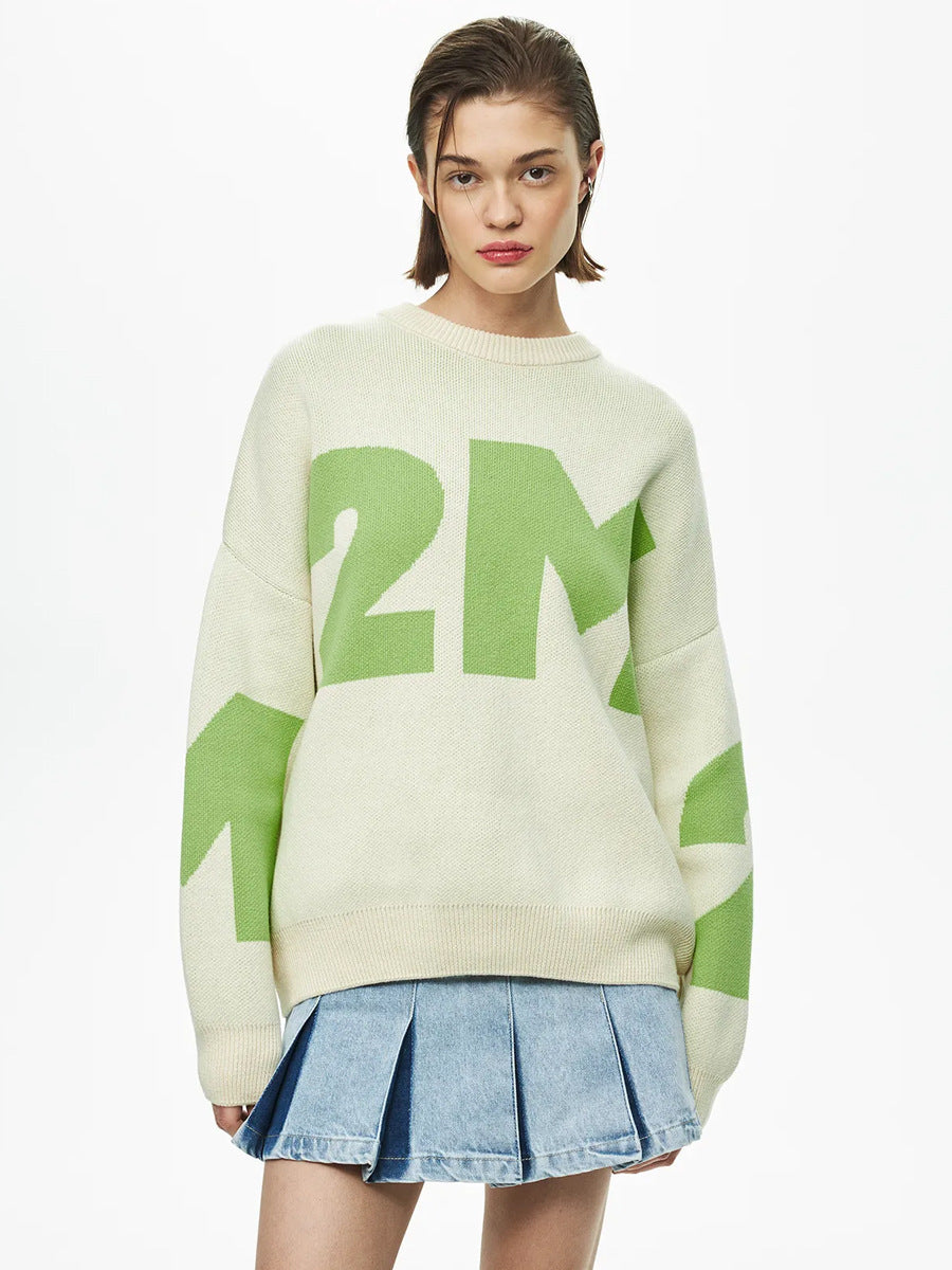 Letter Fashion Contrast Color Temperament Crew Sweaters