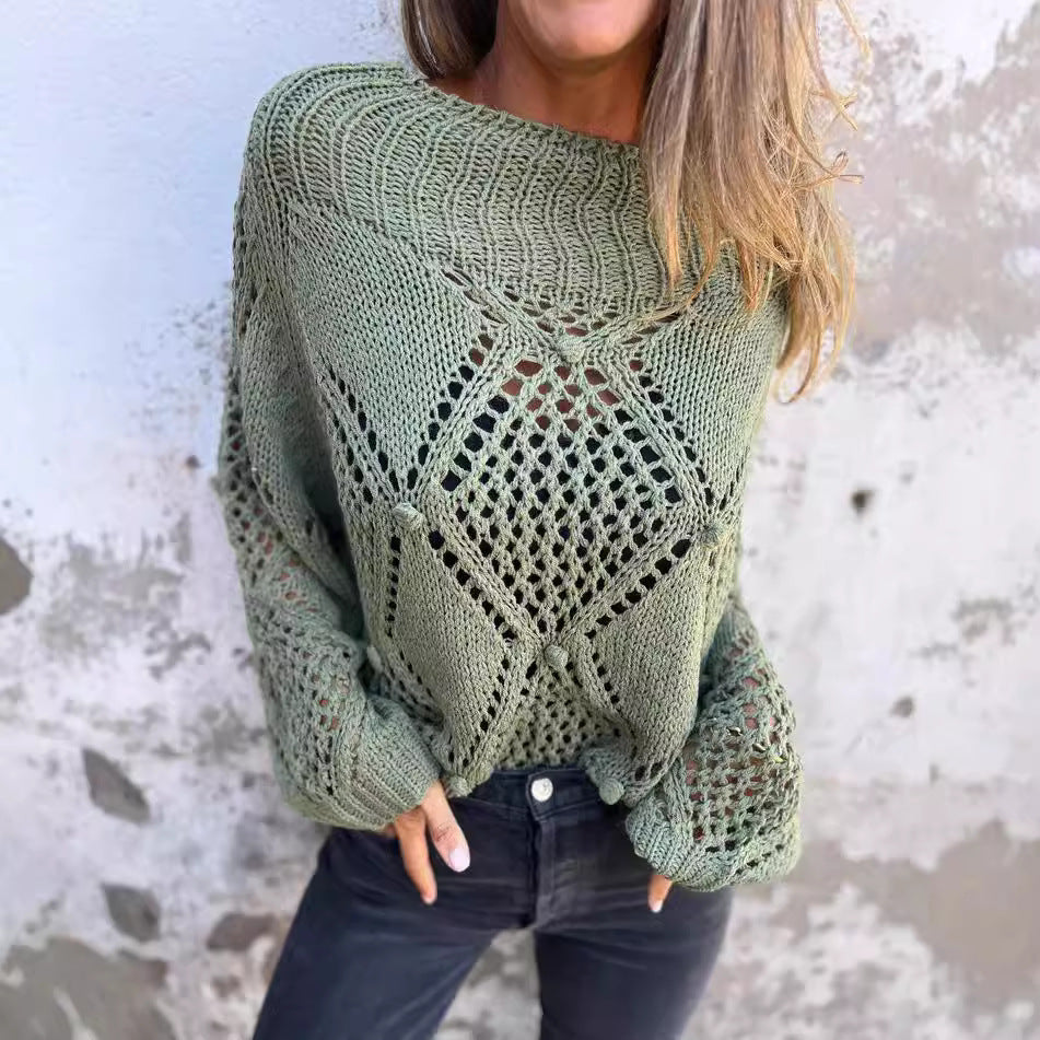 Women's Casual Loose Hollow Out Round Neck Sweaters