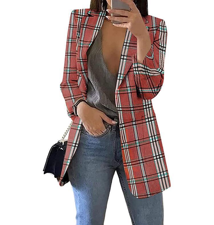 Blazer slim à revers à carreaux pour femme