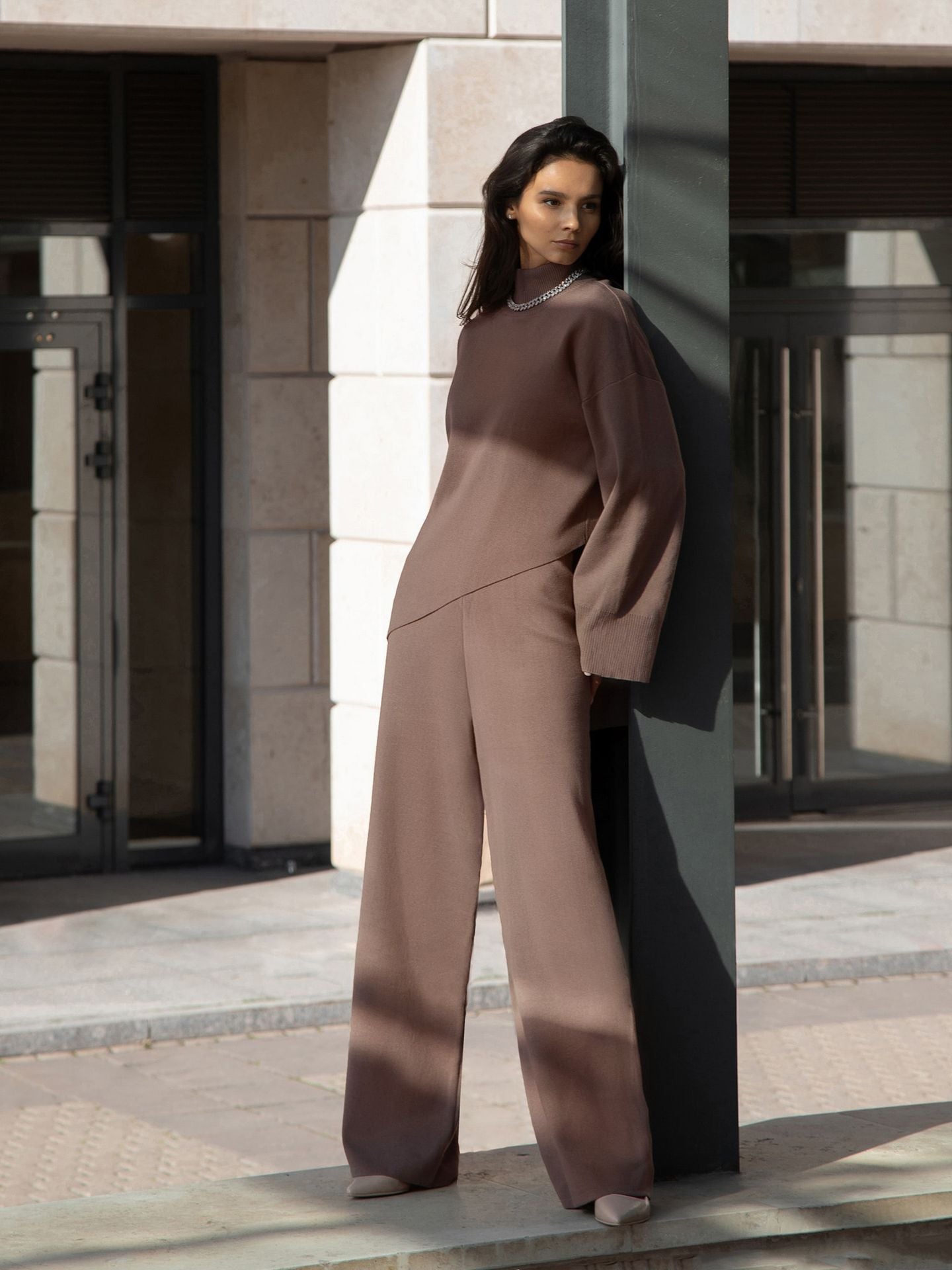 Irregular Beveled Knitted Wide Leg Two-piece Suits