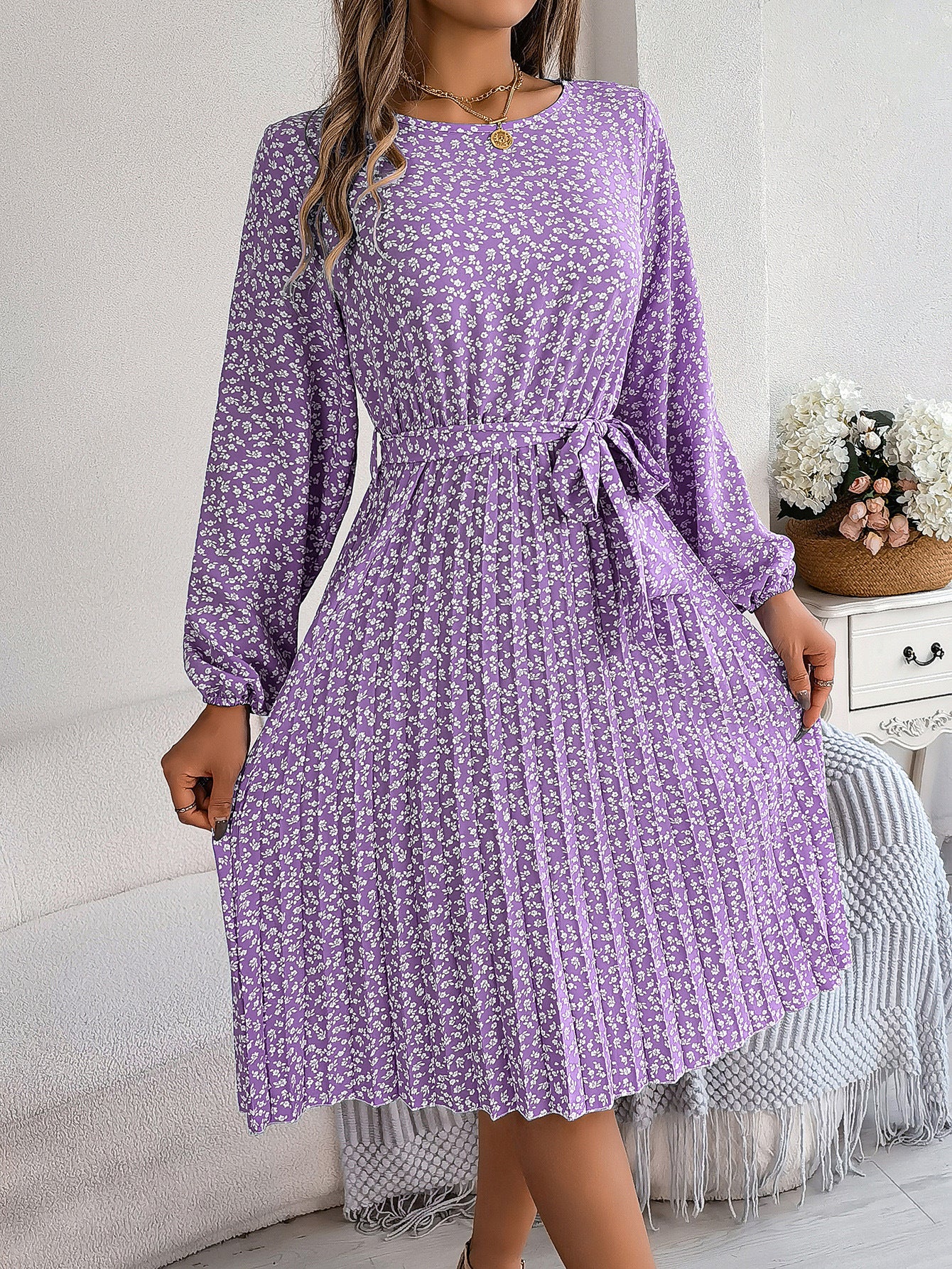 Women's Casual Long-sleeved Floral Print Pleated Dresses