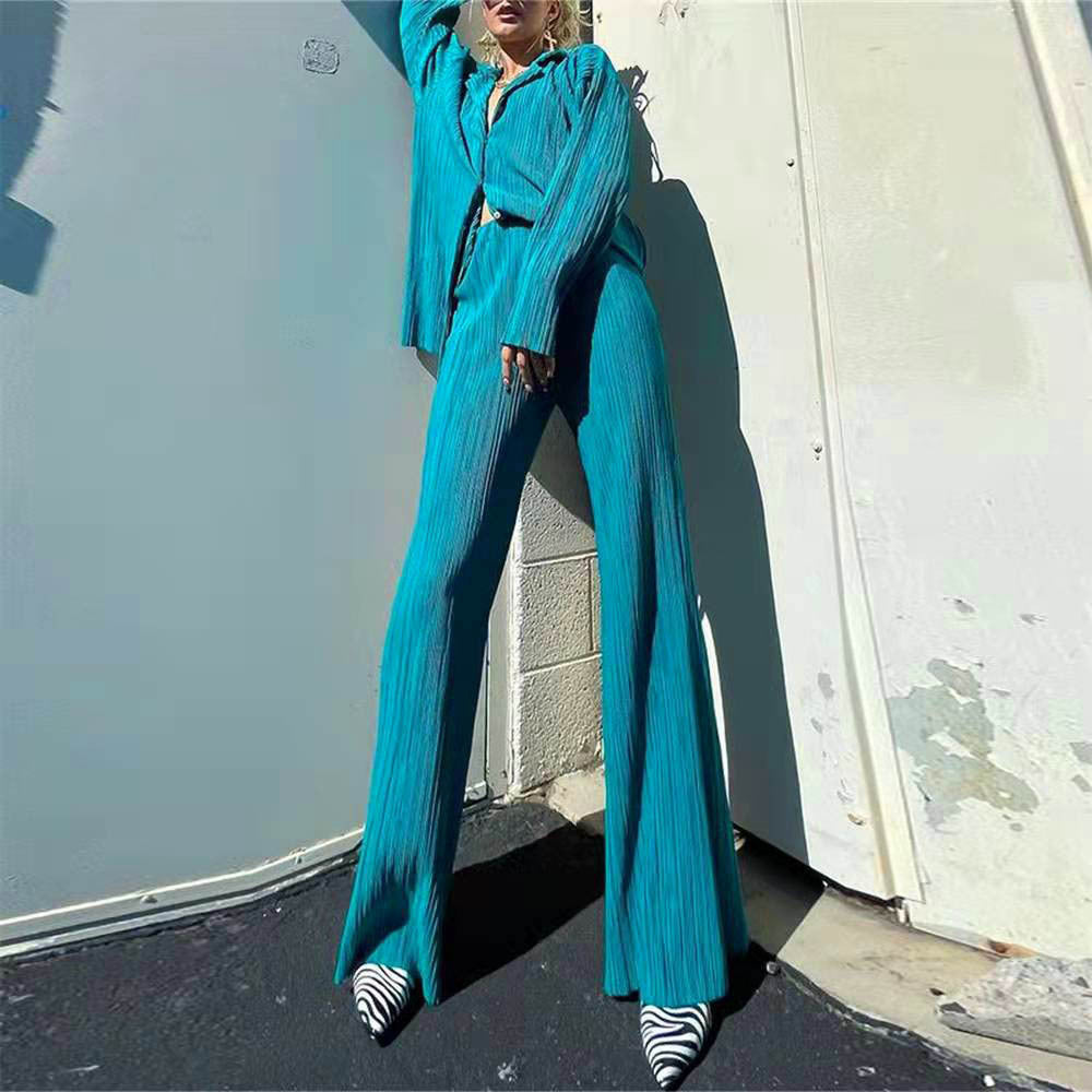 Women's Autumn Solid Color Loose Smooth Pleated Casual Suits