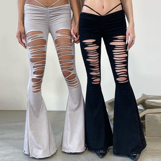 Pantalon taille basse sexy à découpes et déchirures pour femmes