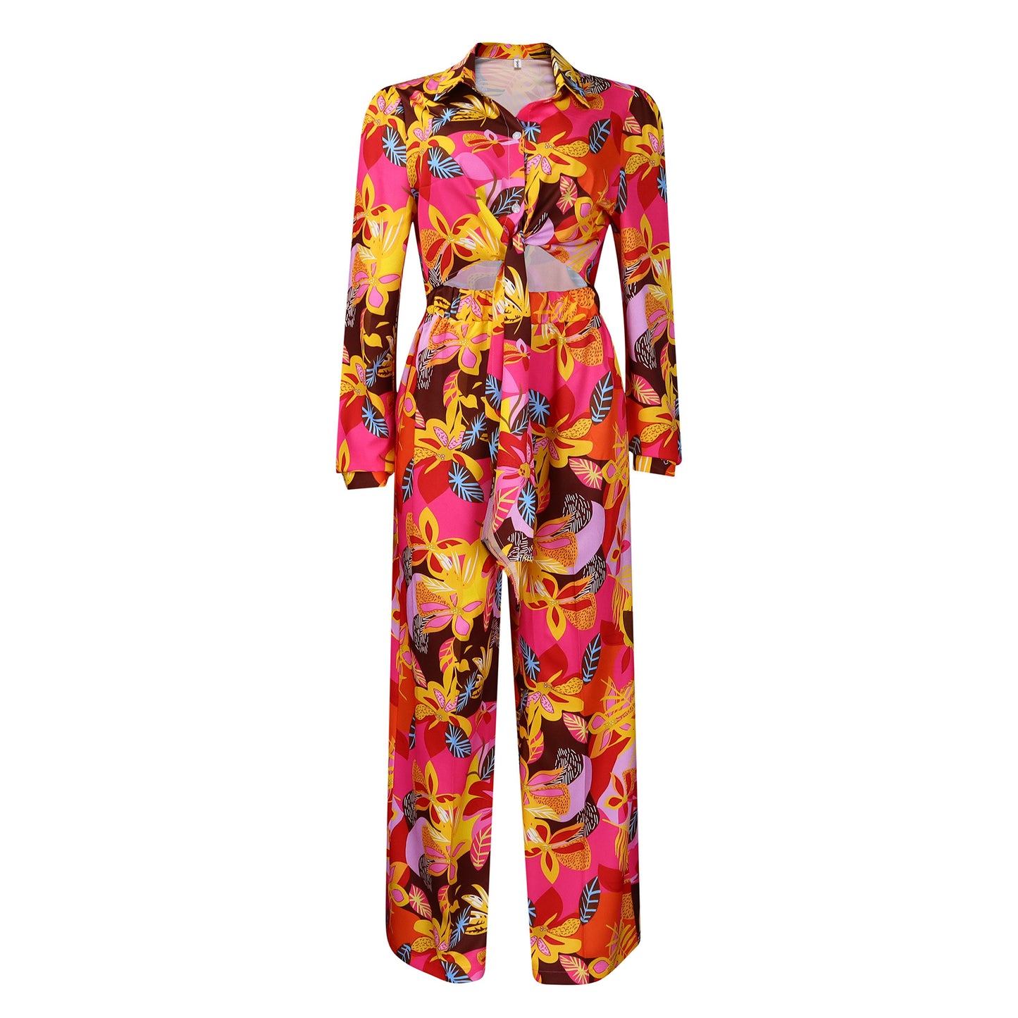 Women's Fashion Printed Two-piece Lapel Bandage Shirt Pants