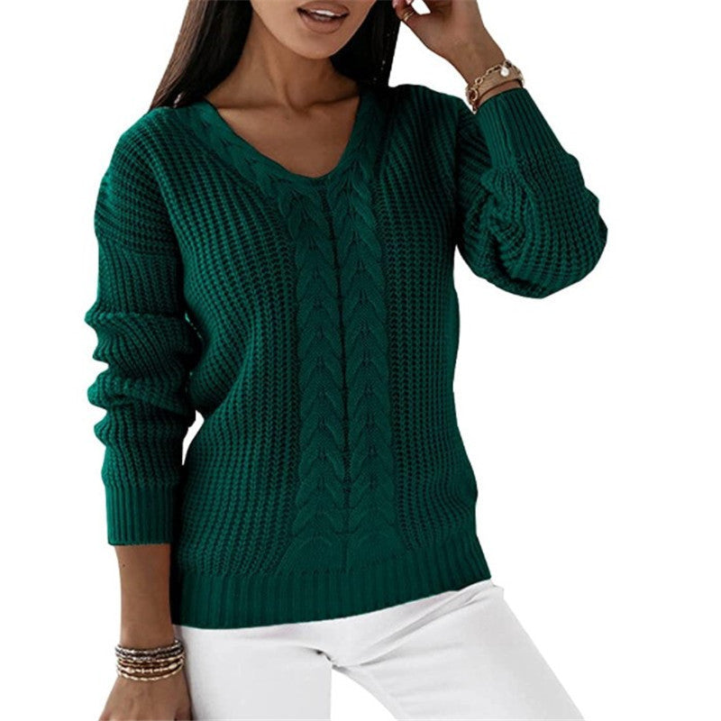 Women's Long Sleeve V-neck Solid Color Twist Casual Knitted Sweaters