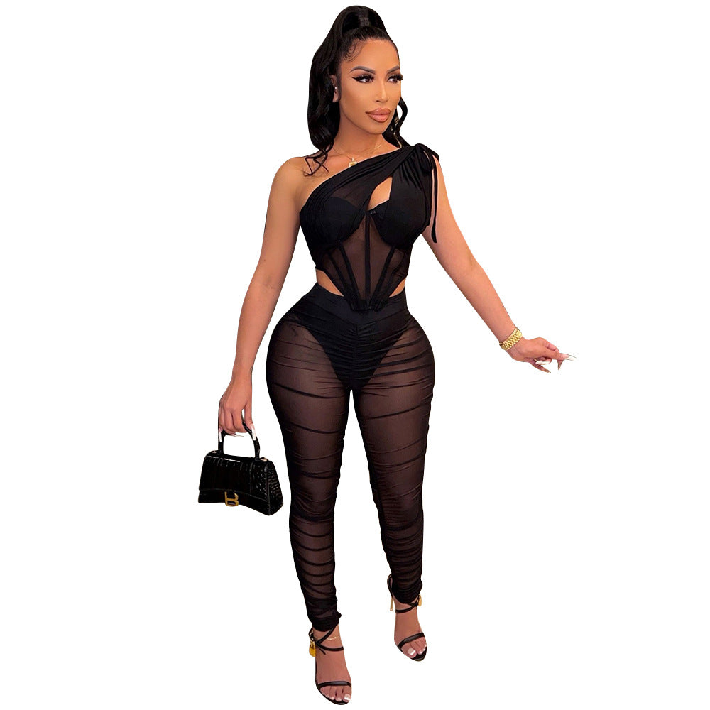 Women's Fashion Sexy Mesh Irregular Two-piece Set Tops