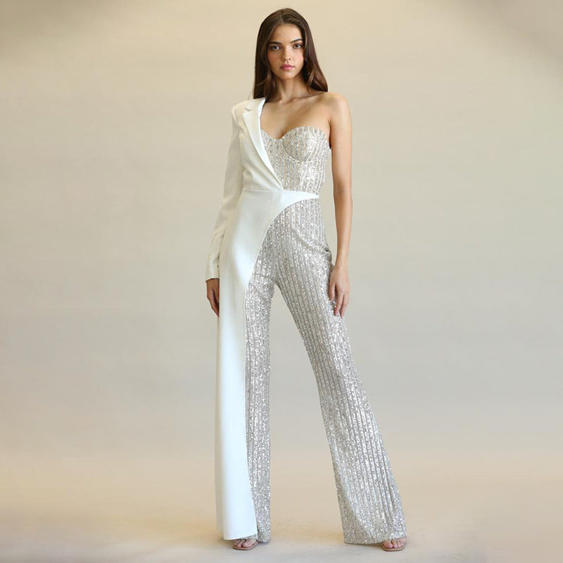 Pantalon à paillettes tendance pour femme avec coutures argentées