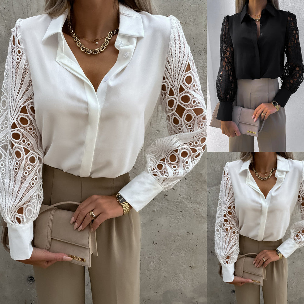 Women's Solid Color Lace Stitching Shirt Blouses