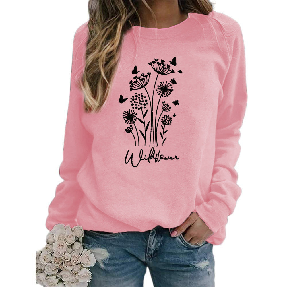 Women's Wild Grass Butterfly Printed Crew Neck Sweaters