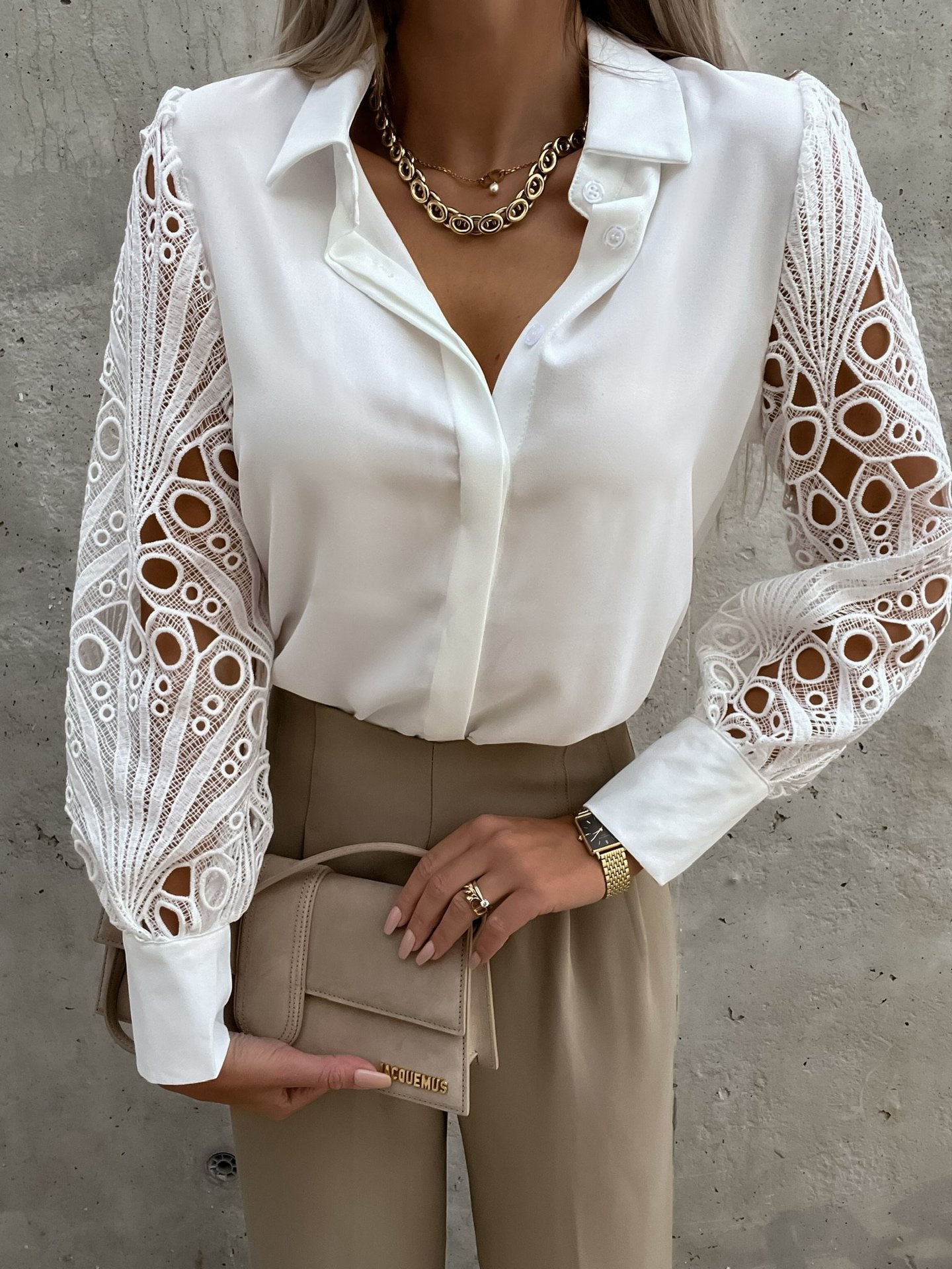 Women's Solid Color Lace Stitching Shirt Blouses