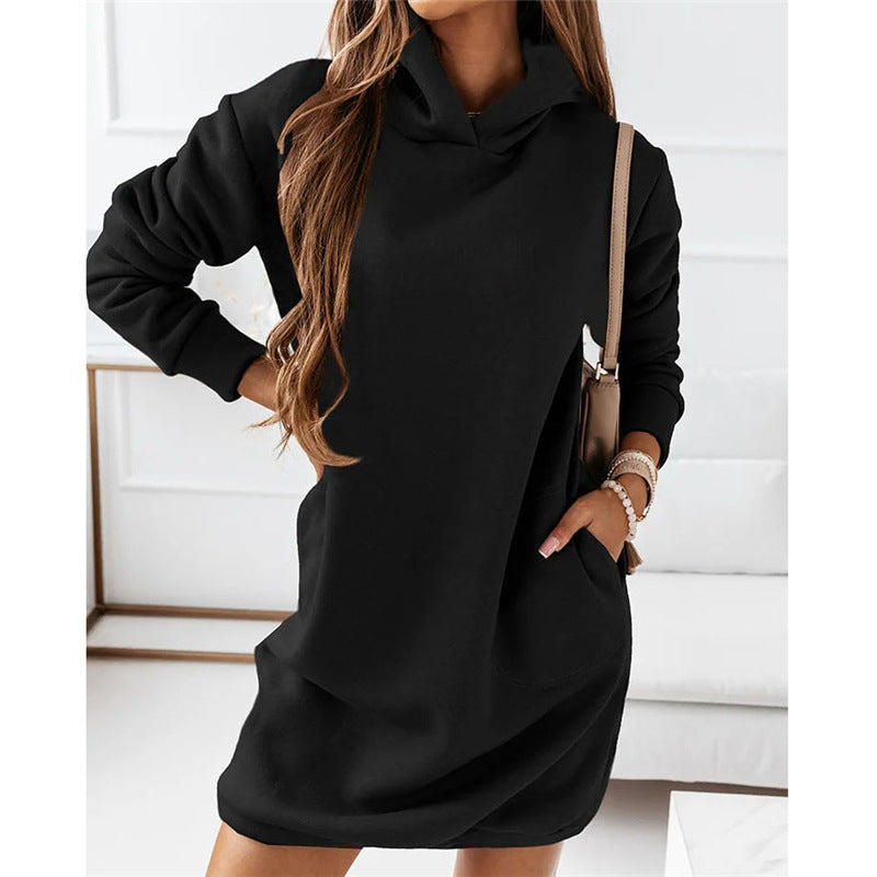 Women's Hooded Hipster Long-sleeved Solid Color Dresses