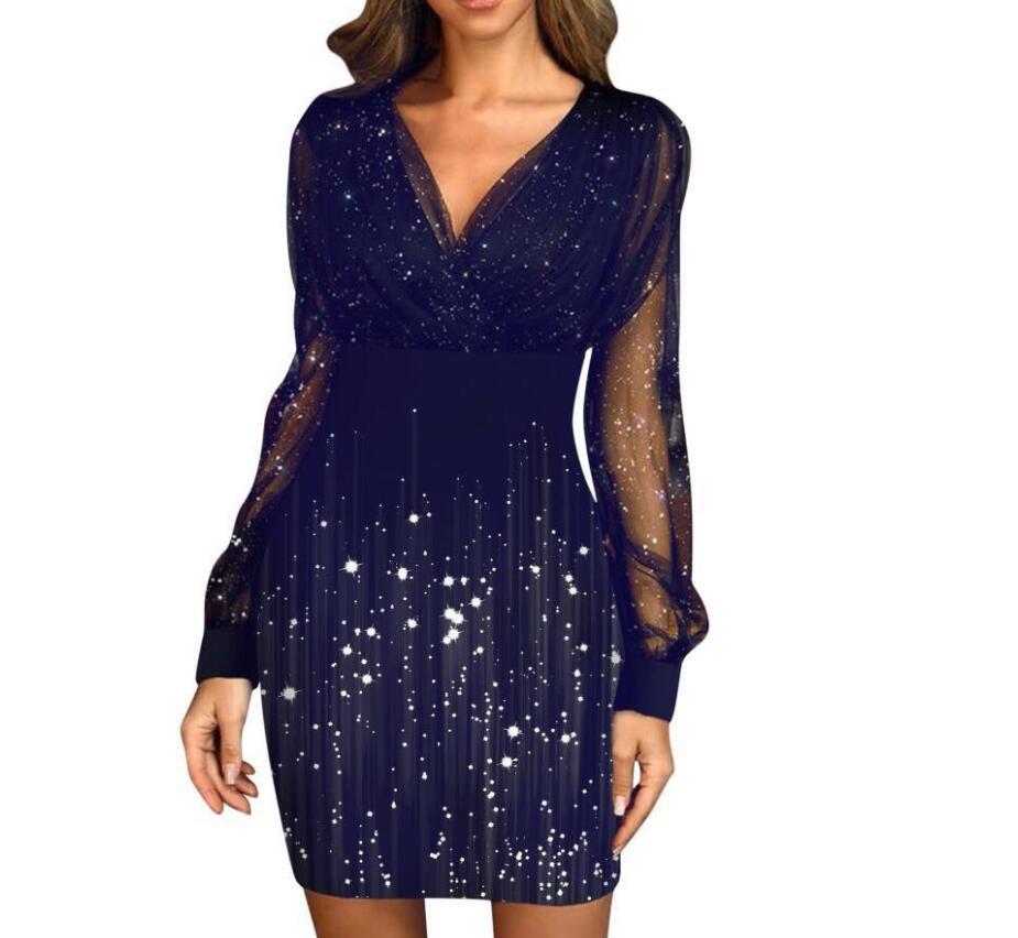 V-neck Sequined Slim Fit Sexy Print Dresses