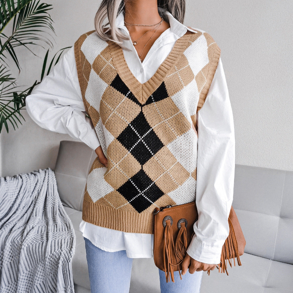 Women's College Rhombus V-neck Casual Loose Knitted Sweaters