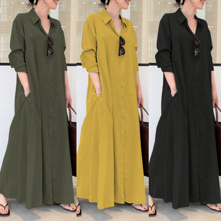 Women's Casual Loose Wear Solid Color Lapel Long Sleeve Dresses