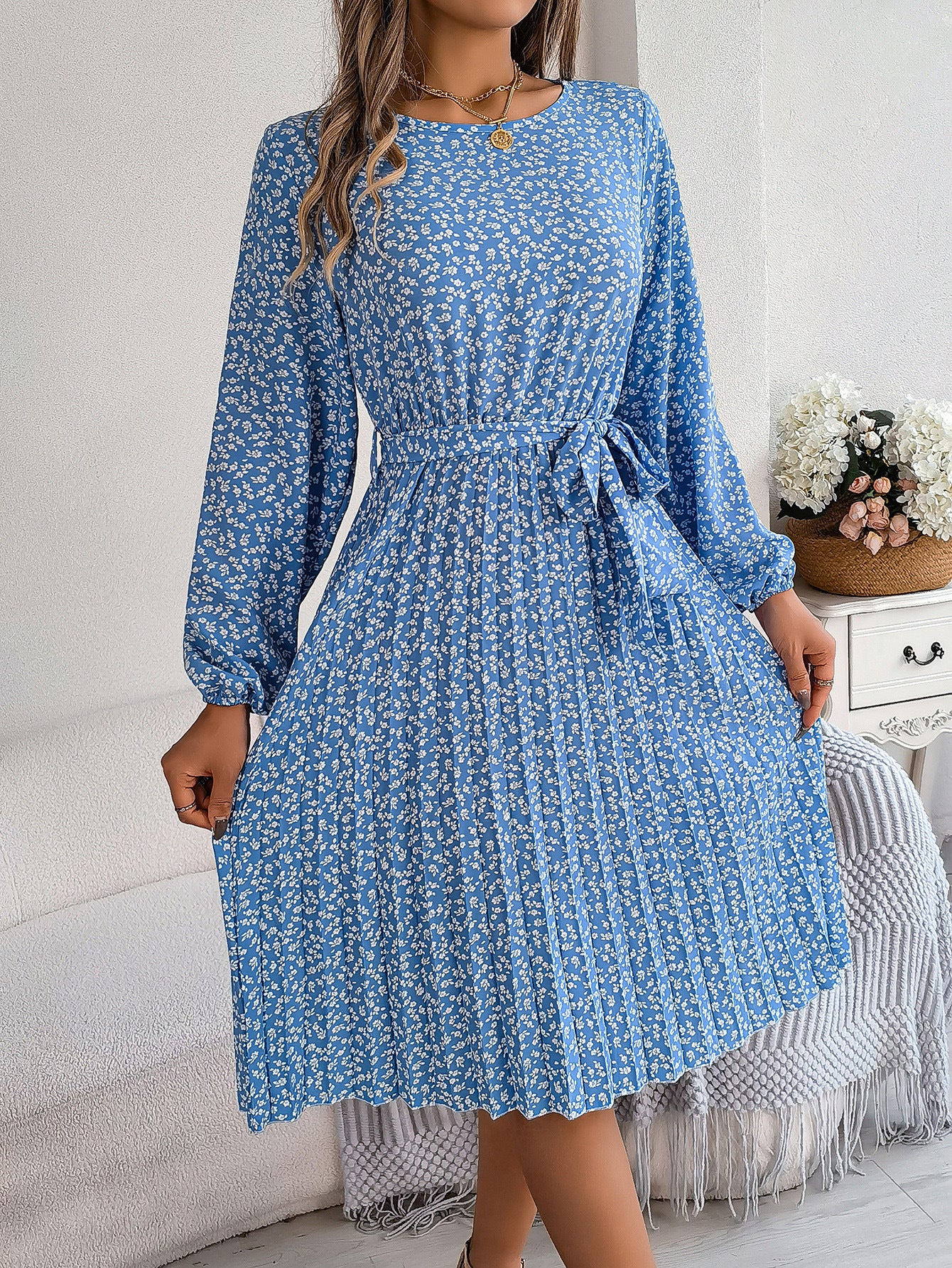 Women's Casual Long-sleeved Floral Print Pleated Dresses