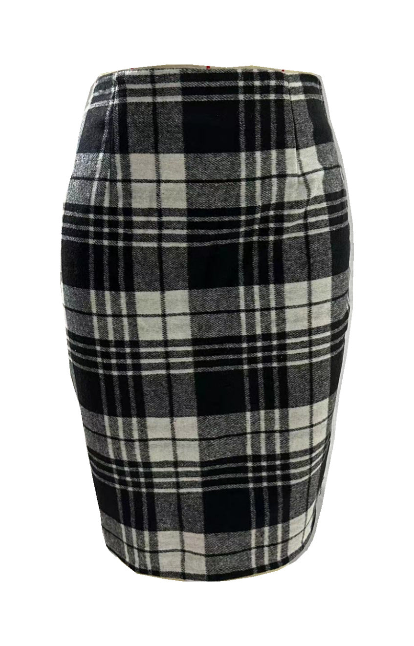 Women's Tartan High Waist Tight Knee-length Wool Skirts