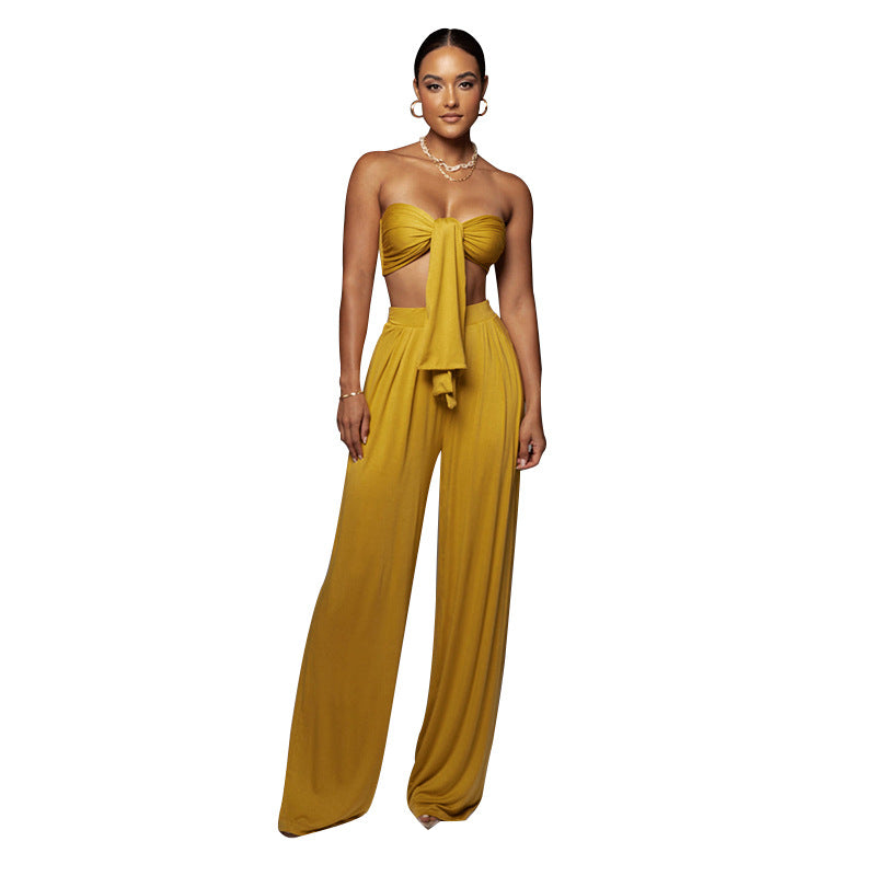 Women's Pure Color Tied Tube Mid Waist Wide Suits