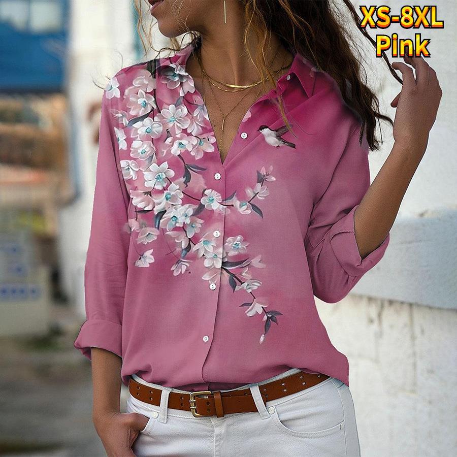 Women's Floral Printed Long Sleeve Button Shirt Blouses