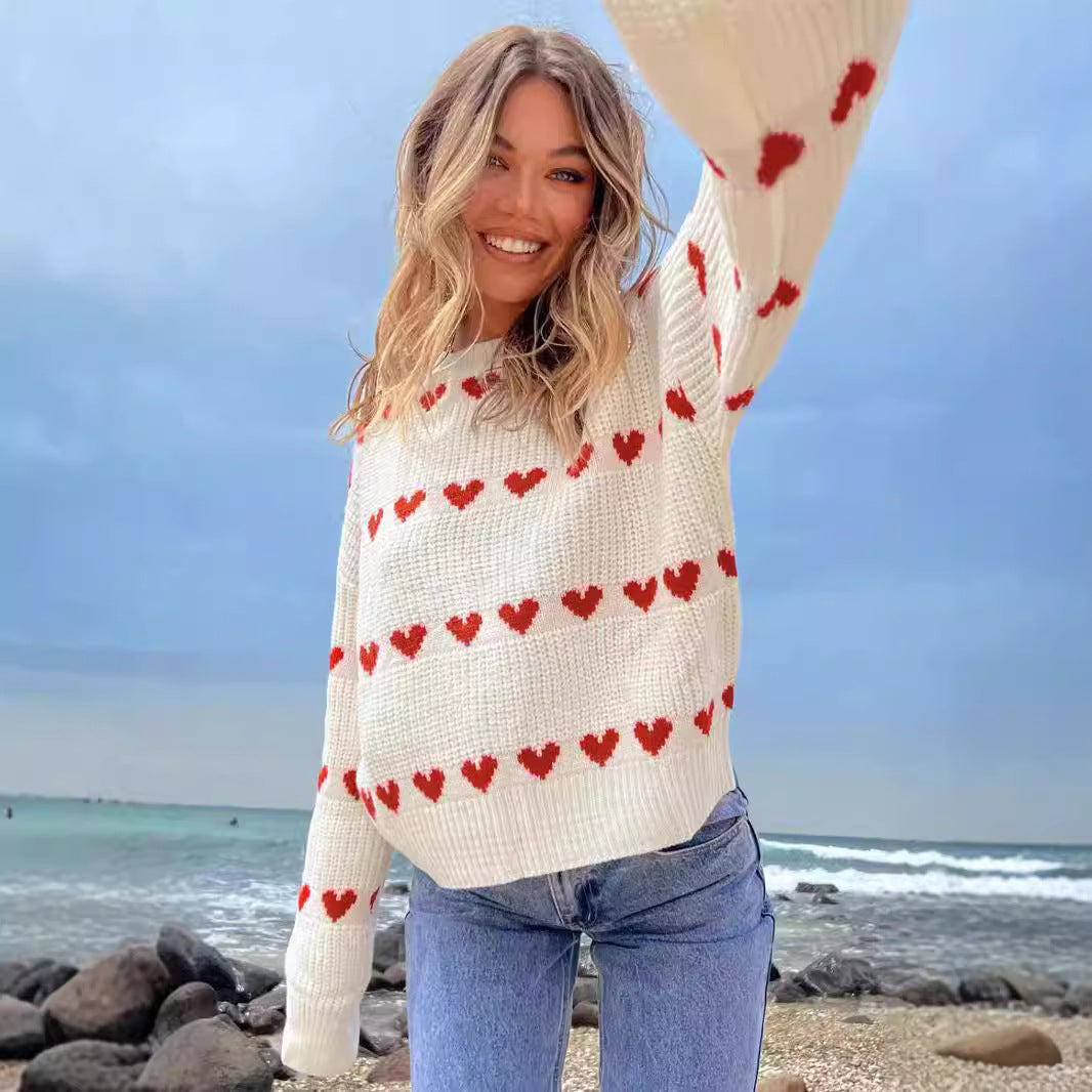 Cute Heart-shaped Two-tone Jacquard Contrast Color Sweaters