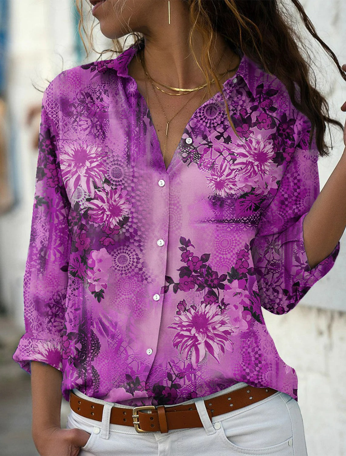 Women's Floral Print Shirt Ladies Long Sleeve Blouses