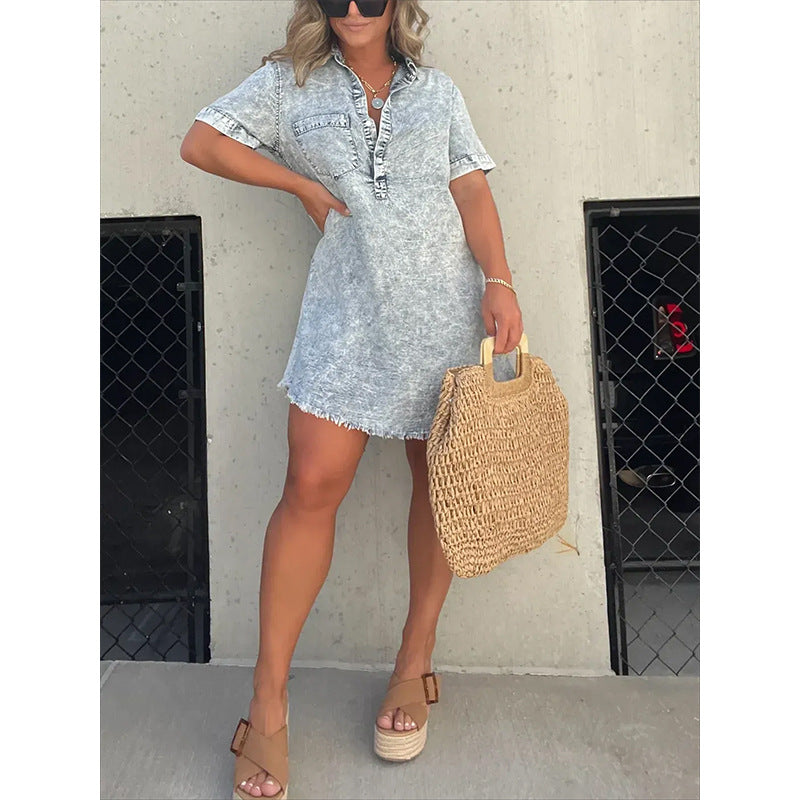 Summer Shirt Collar Denim Tassel Hem Dresses