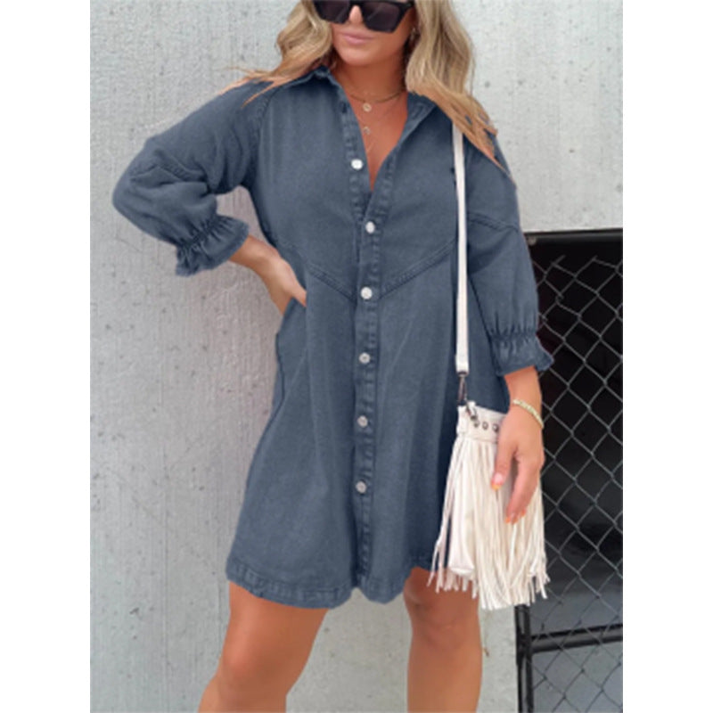 Washed Shirt Denim Lantern Sleeve Loose Dresses