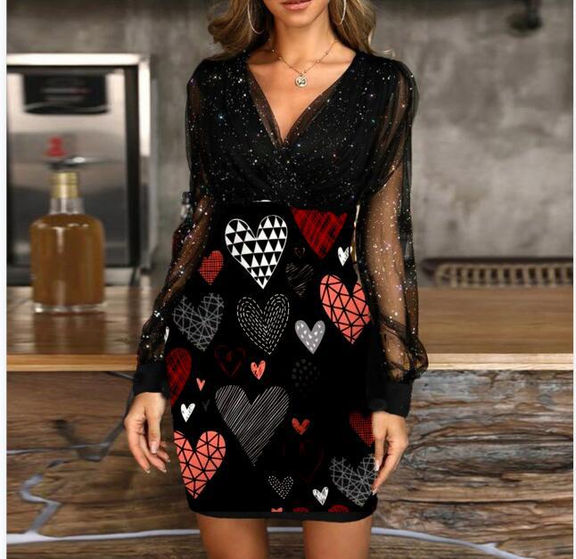 V-neck Sequined Slim Fit Sexy Print Dresses