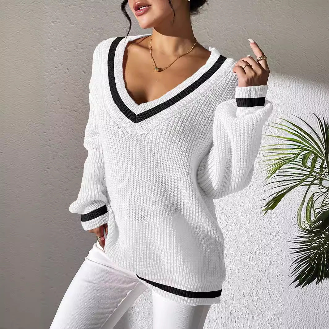 Women's Contrast Patchwork Long Sleeve Woven Casual Sweaters